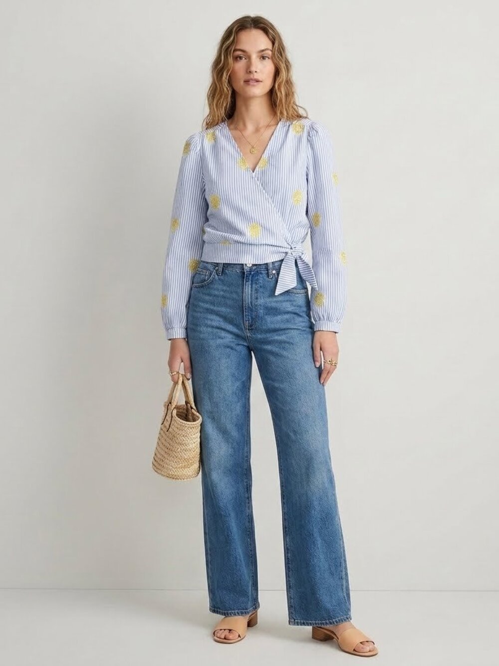 J Crew Womens Striped Blue & White Wrap Embroidered Pineapple Top Bluse Sz XLT